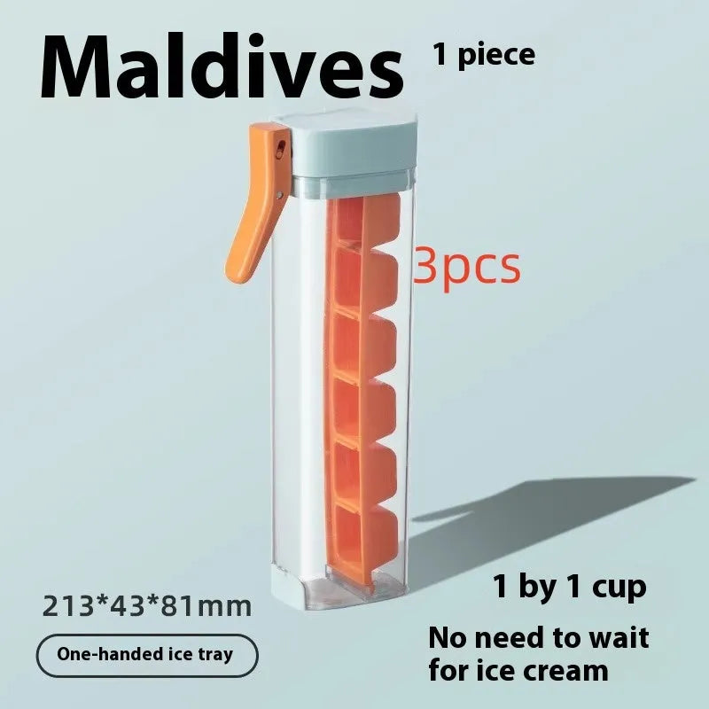 Food grade press-release ice cube tray with storage box in Maldives colour or pearl white.