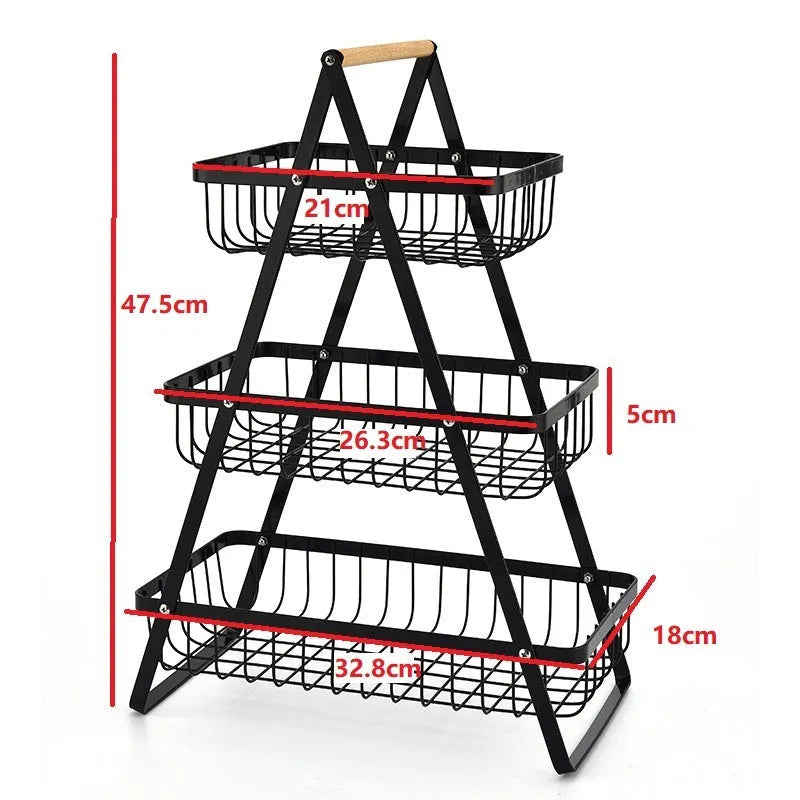 Black detachable iron double-layer fruit basket with wooden handle on tabletop