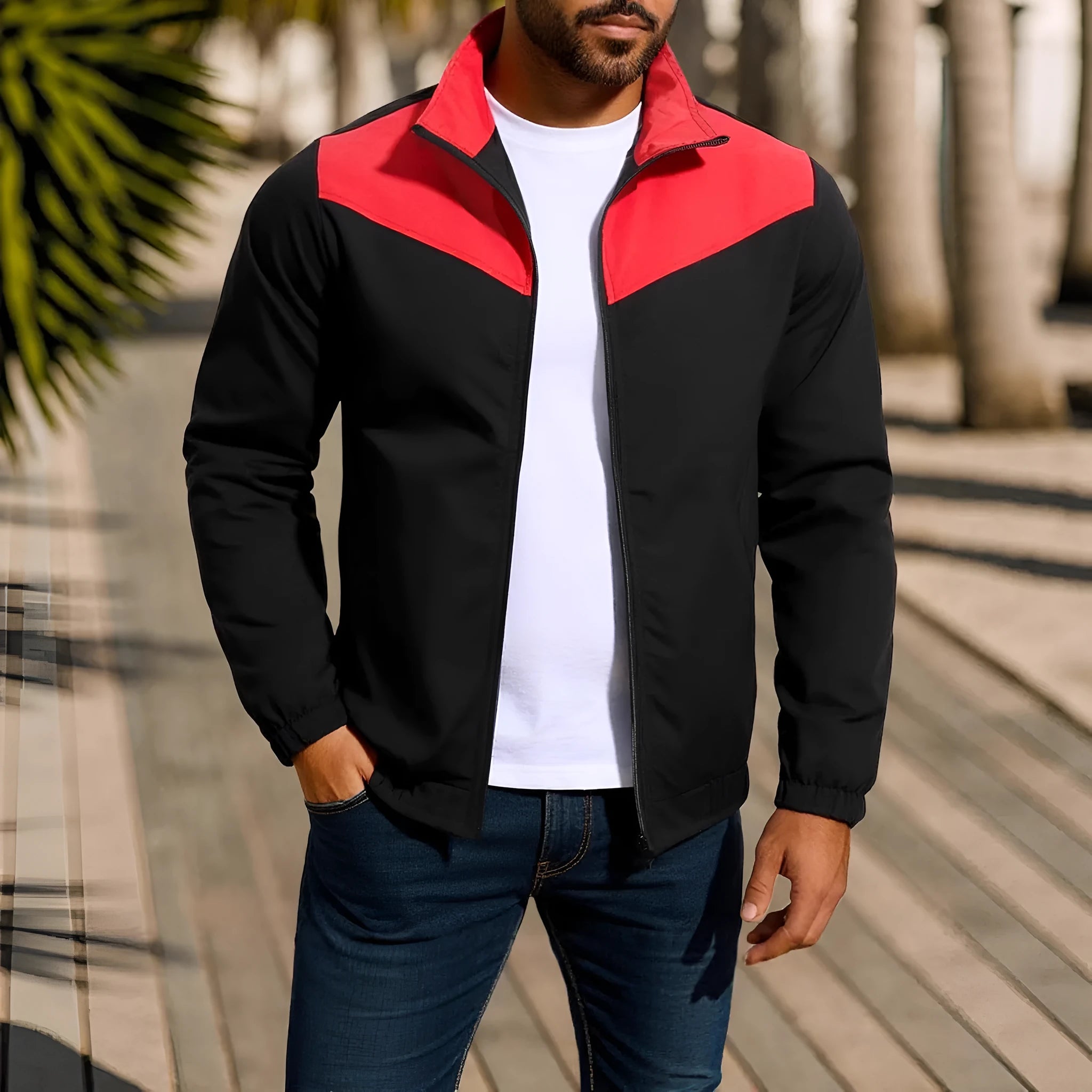 Men's windproof polyester jacket with high collar and colour matching zipper in green, khaki, or red options