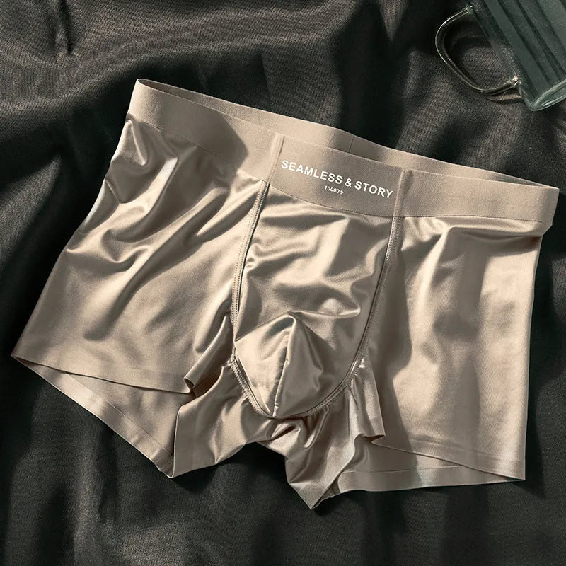 Men's ice silk boxer shorts in solid colours showing mid waist traceless design