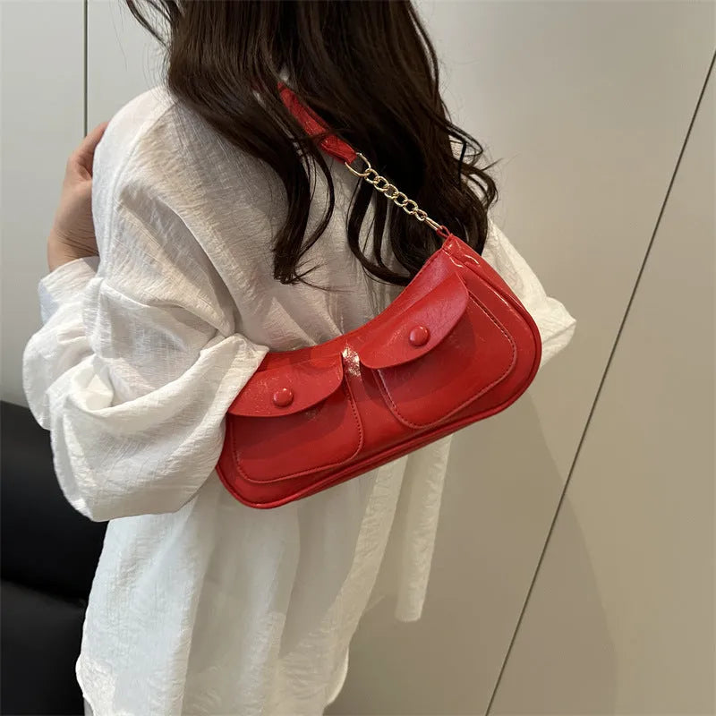 Casual women's PU leather clamshell shoulder bag in urban simplicity style, horizontal square shape, medium hardness