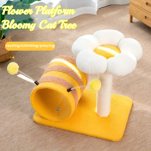 Yellow bee-shaped cat climbing frame with sisal scratching board and tunnel