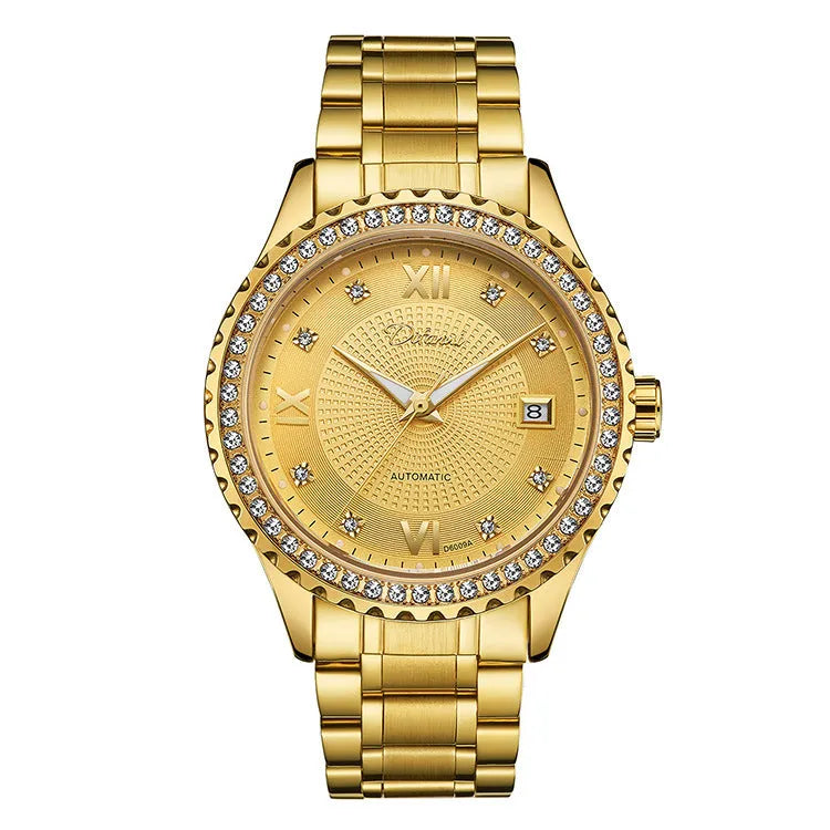 Fashionmonger gold automatic mechanical watch with luminous dial and black surface on wrist, 13mm case thickness