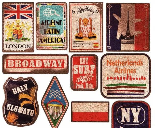 36 retro beach stickers in various 6-10cm sizes with vinyl PVC construction and matte film covering