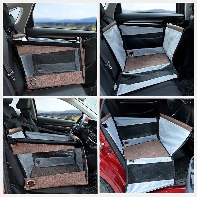 A black Oxford cloth soft-sided dog crate with mesh ventilation panels, shown next to a grey and a brown version.
