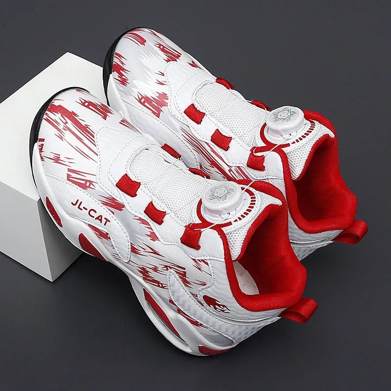 Children's rotating button running shoes in black with a cushion basketball design on a white PU sole.