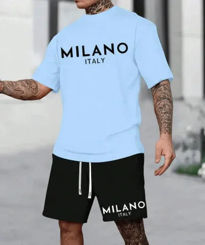 Men's polyester short sleeve suit with round neck shirt and matching shorts in blue colour
