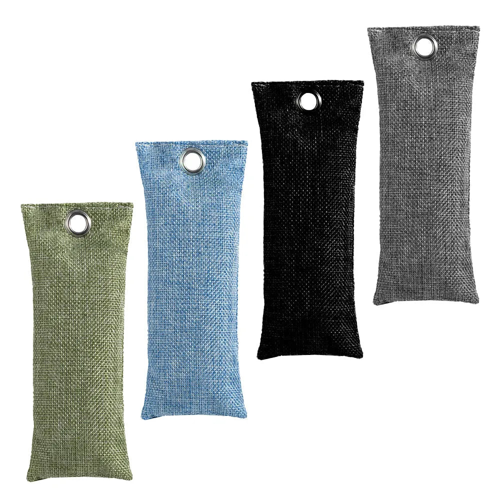 Black bamboo charcoal deodorising bag for shoes measuring 16.5 by 6.5 centimetres