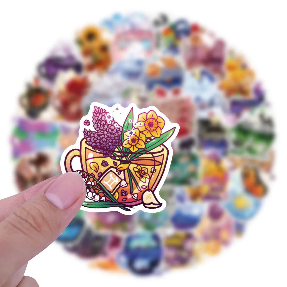 Pack of 50 colourful tea cup graffiti waterproof stickers in Nordic style for DIY luggage and scooter decoration.