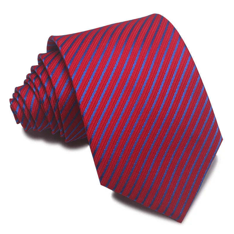 8cm wide polyester jacquard striped men's business tie shown in multiple colour variations