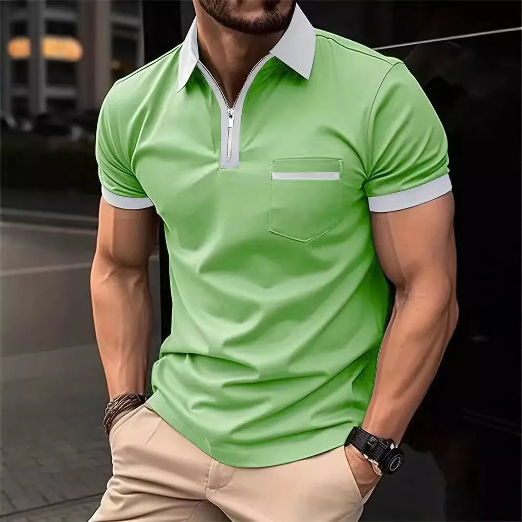 Men's casual short sleeve shirt with chest pocket and zip decoration in loose fit