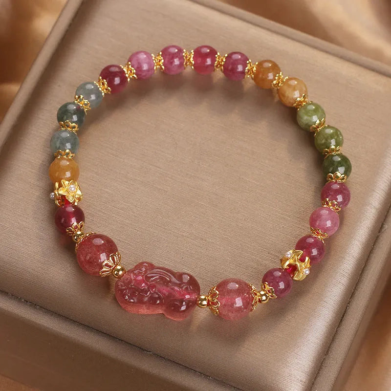 Women's strawberry quartz and pink tourmaline bracelet with electroplated metal chain, 17 cm length