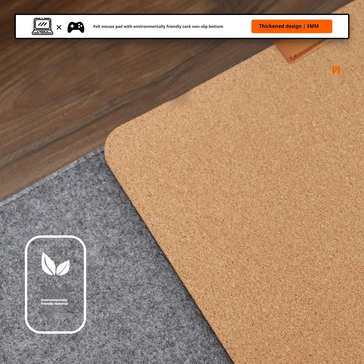 Felt cork desk mat in black gray pattern on a wooden desk with a mouse and keyboard