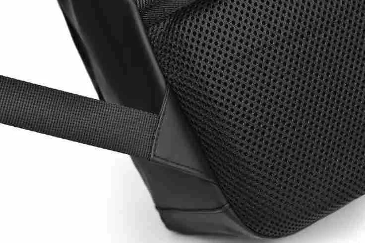 Men's waterproof backpack in black, blue or grey colour with PU leather construction and sewing thread detailing