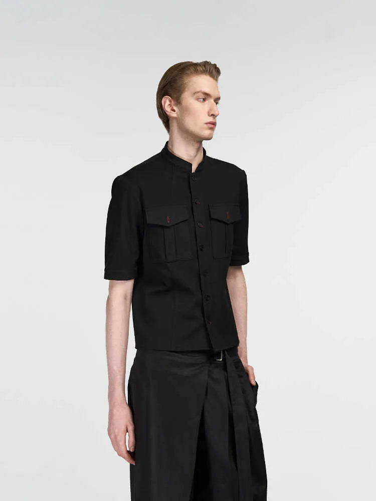 Black handmade half sleeve hunting shirt with shirt collar and single-breasted placket