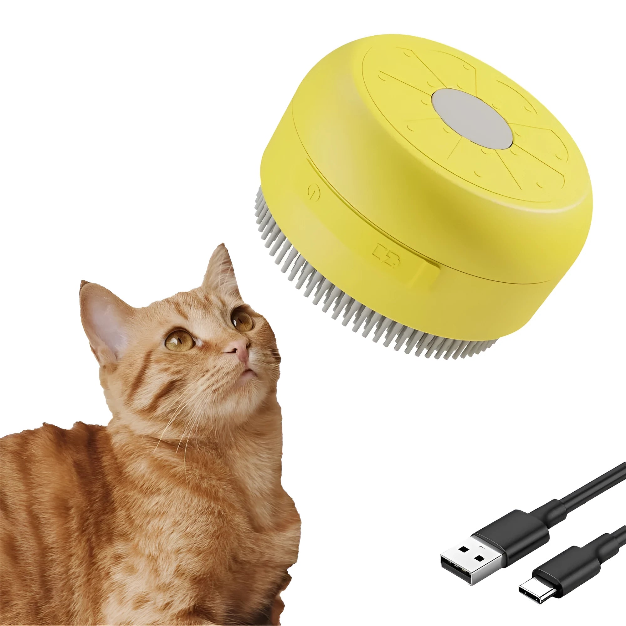 Green and yellow rechargeable silicone cat steam brush for grooming, shown with ergonomic handle.