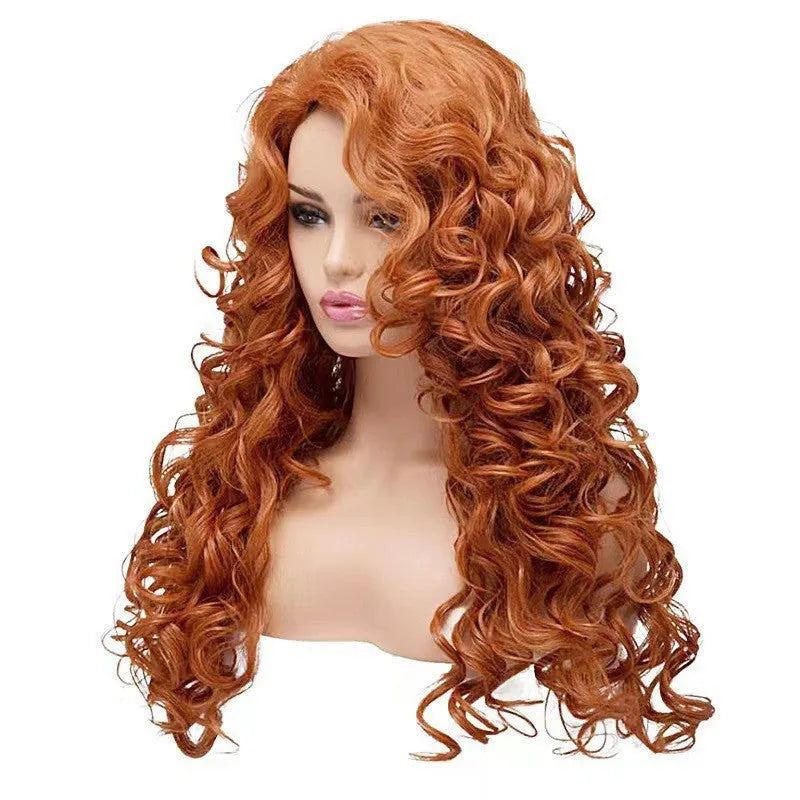 Long brown curly wig with red streaks and fluffy instant noodles texture for Halloween cosplay.