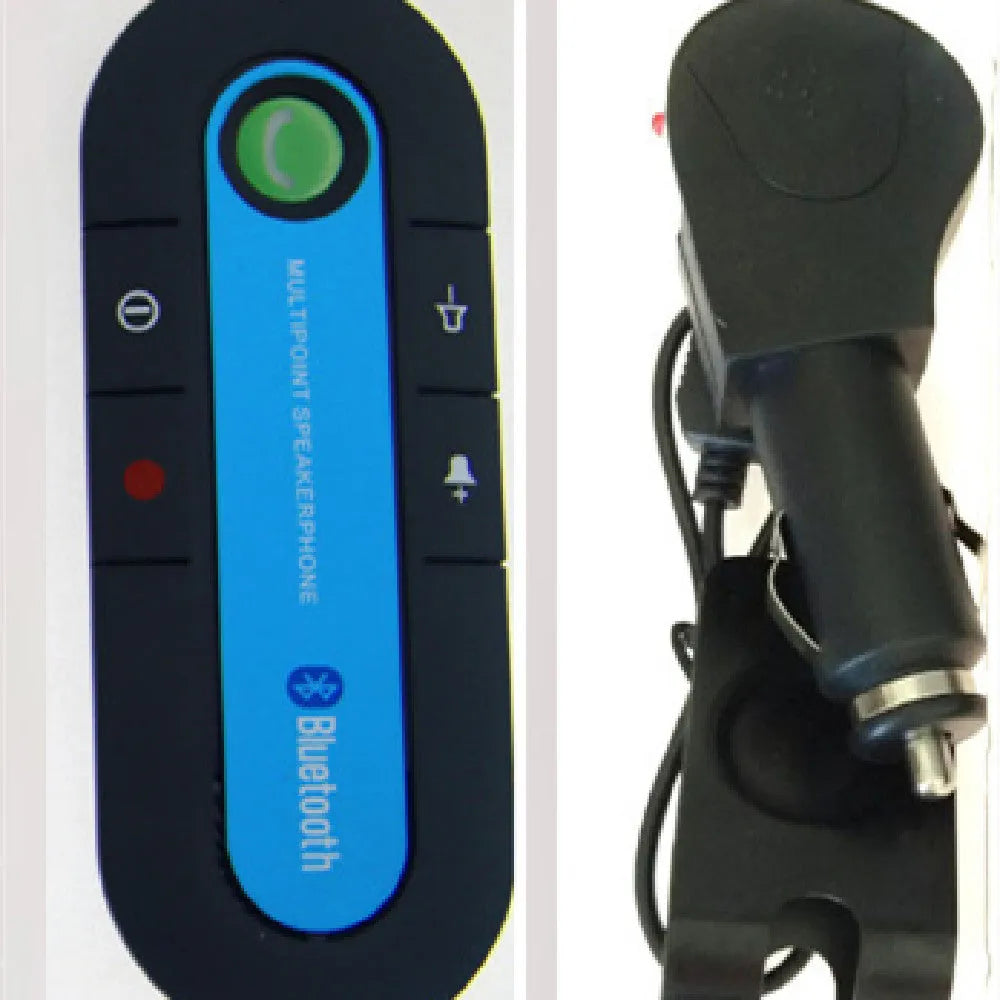 Car Bluetooth handsfree unit mounted on sun visor with charger and cable