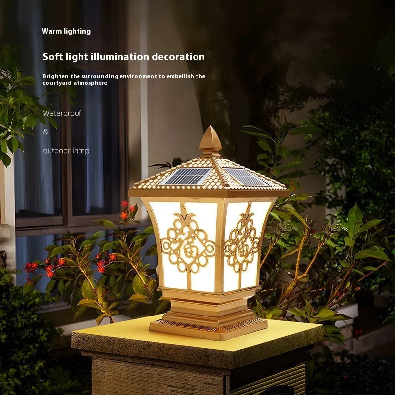 Black solar pillar lamp with flower shape, IP65 waterproof, 12W LED for outdoor garden lighting