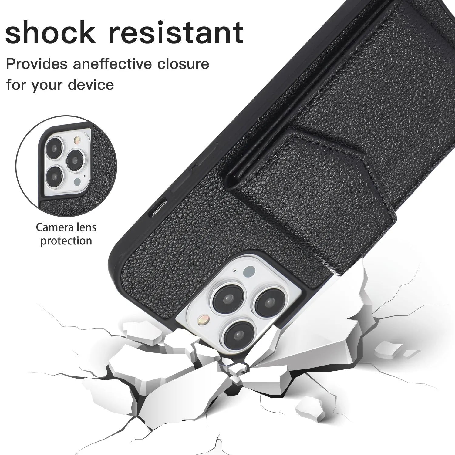 Black TPU iPhone case showing integrated inclined phone holder and fishtail grip design