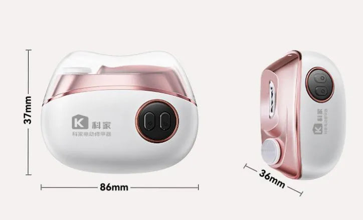 Blue electric nail clipper and polish two-in-one tool with USB-C charging cable and cleaning brush.