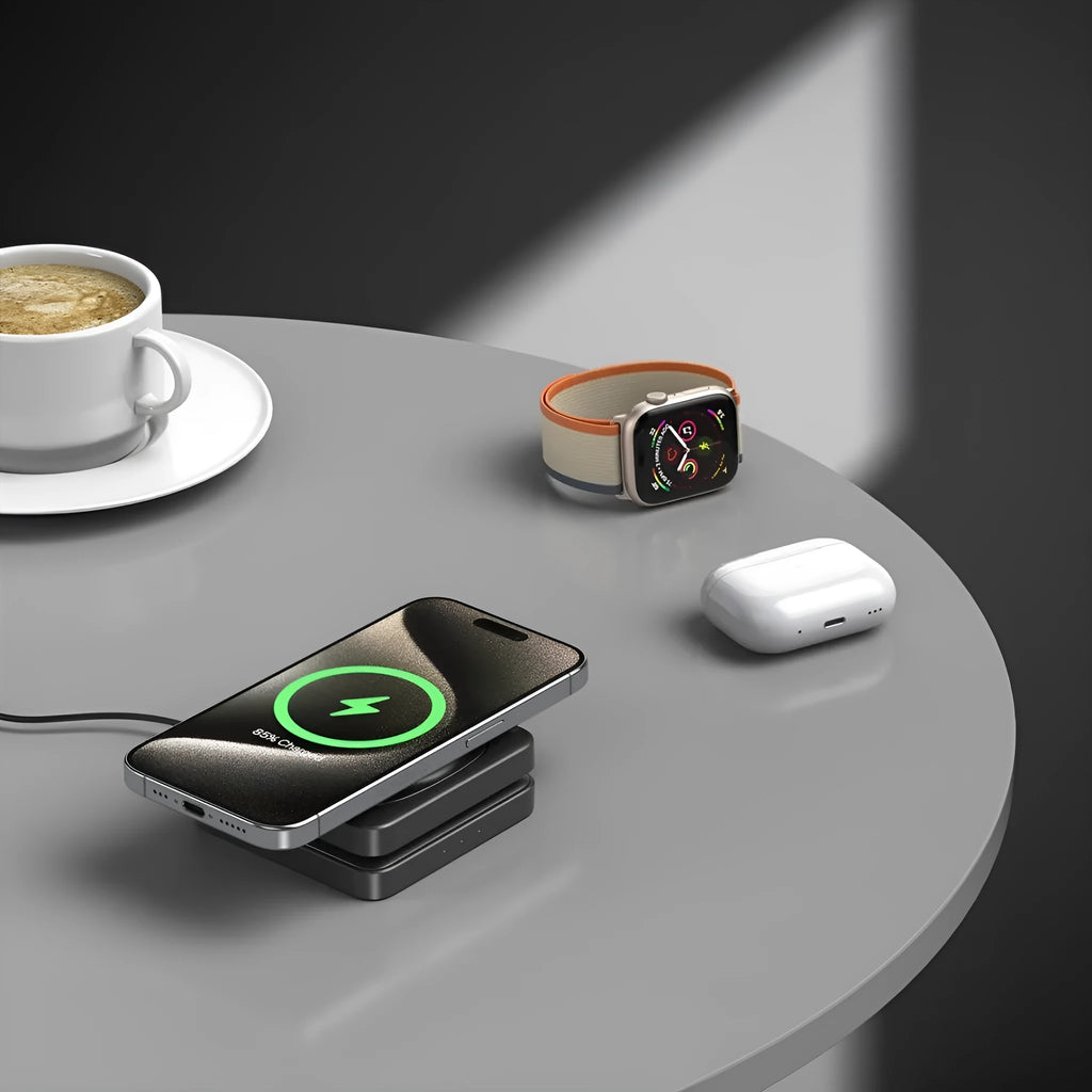 Three in one folding magnetic wireless charger for iPhone AirPods and Apple Watch in black