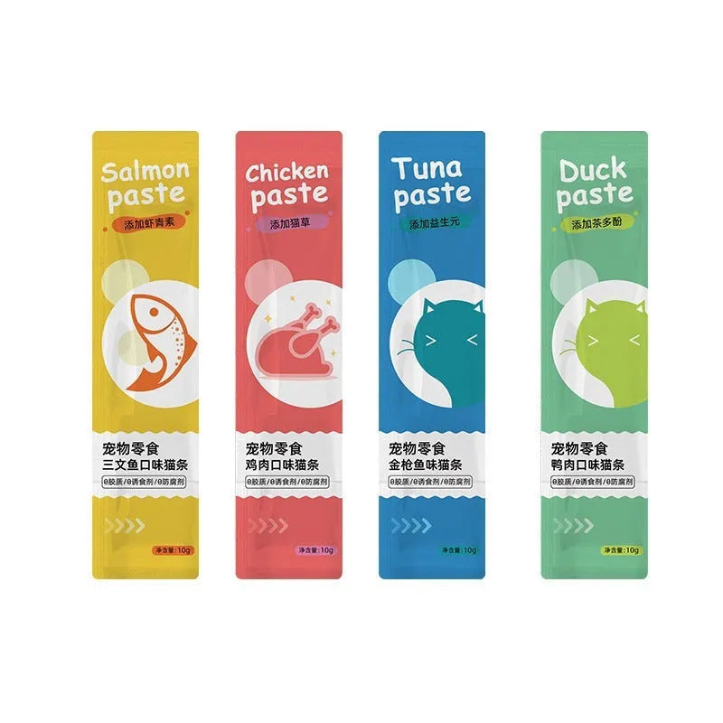 Pack of 10 cat snack strips in four flavour varieties for kittens.
