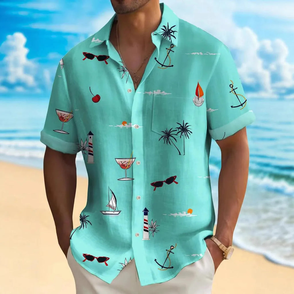 Men's loose-fit digital print Hawaiian shirt in polyester on a hanger.