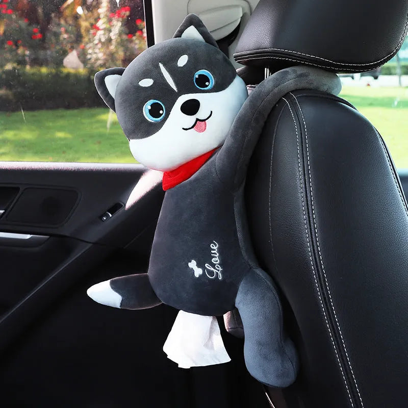 Soft plush car seat back tissue box holder with cute animal design