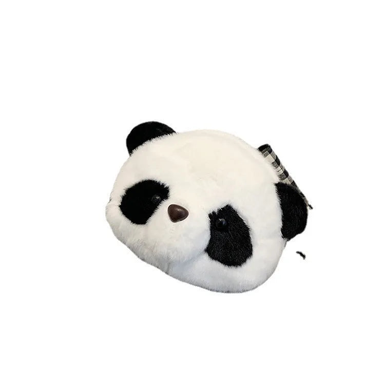 Soft plush cylindrical panda head crossbody bag with sandwich pocket.