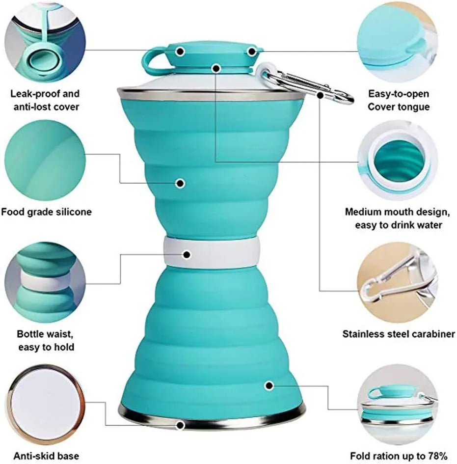 500ml foldable silicone water bottle cup in grey, collapsed to 9.6x4.6cm, with hanging hook and leak-proof lid