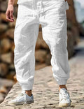 Men's summer cotton trousers with elastic waist in Army Green, straight trousers style
