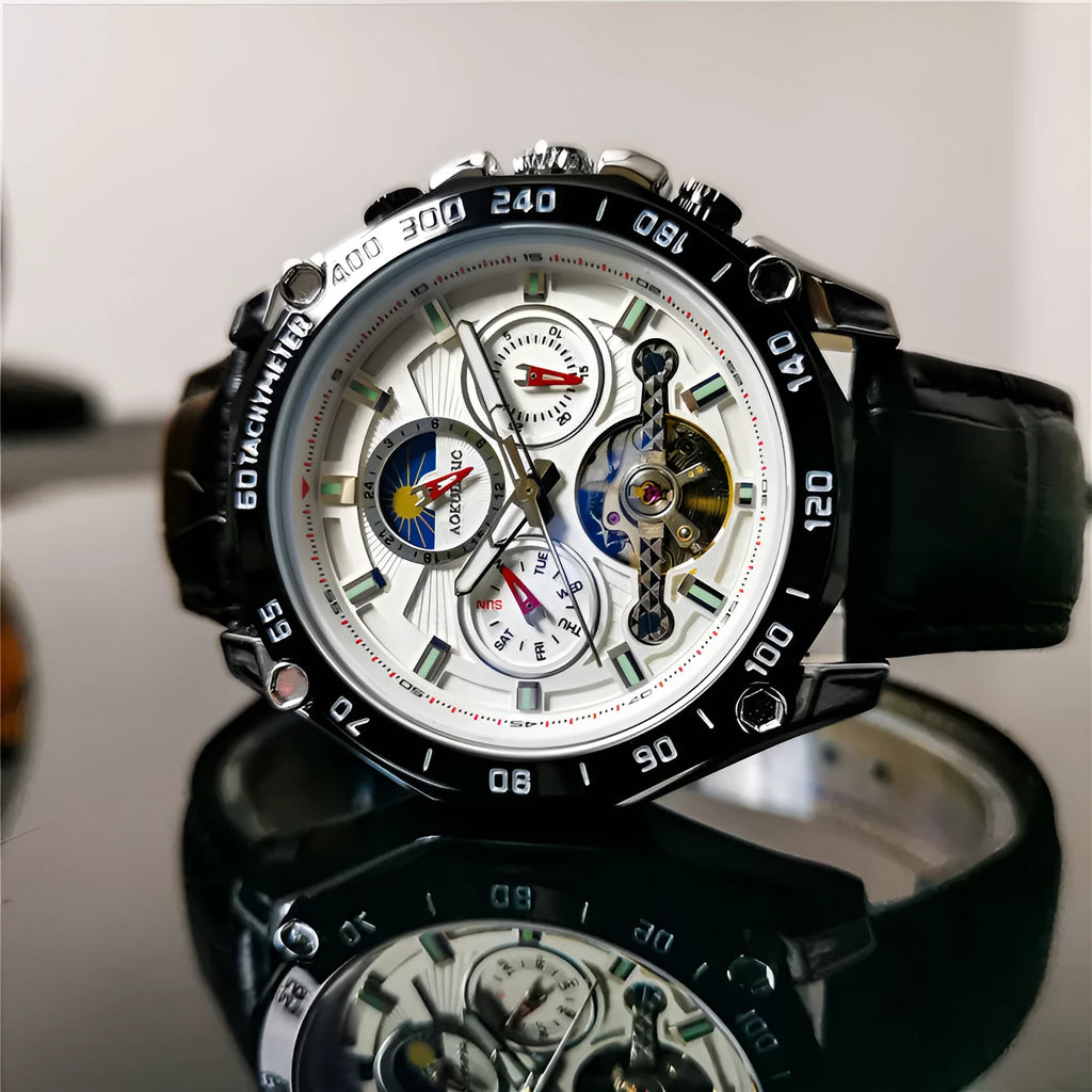 Men's automatic mechanical watch with various colour combinations showing 12mm thickness profile