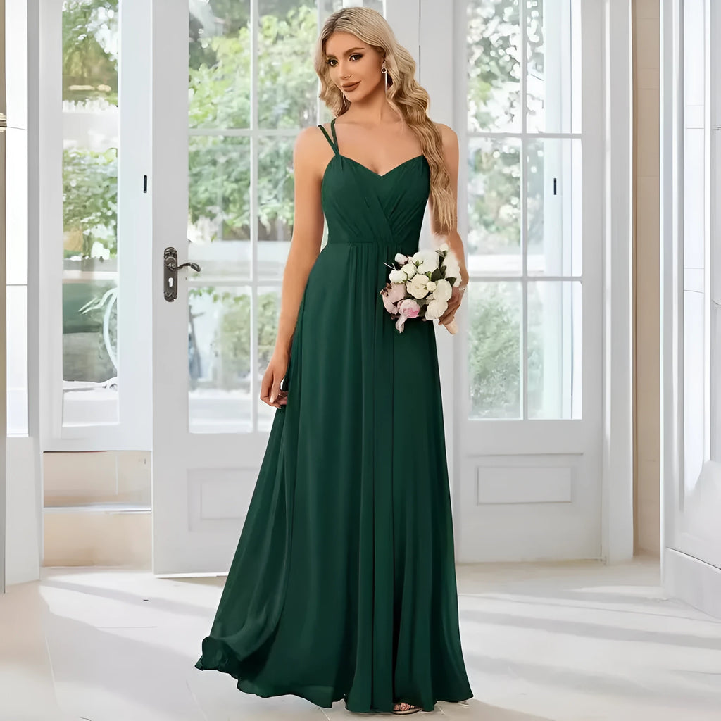 Women's sleeveless banquet dress with pleated A-line long skirt in light green, showing sling neckline.