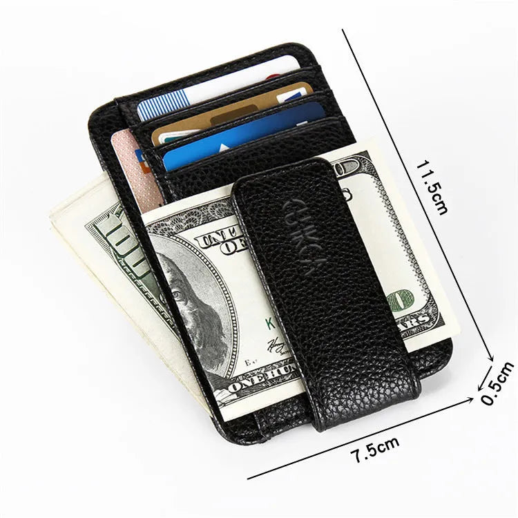 Men's PU leather wallet with magnetic snap closure in black, short square vertical shape with sewing line details