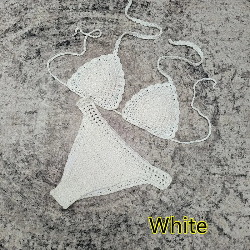 Women's handmade crochet three-piece bikini set with skirt in blue colour
