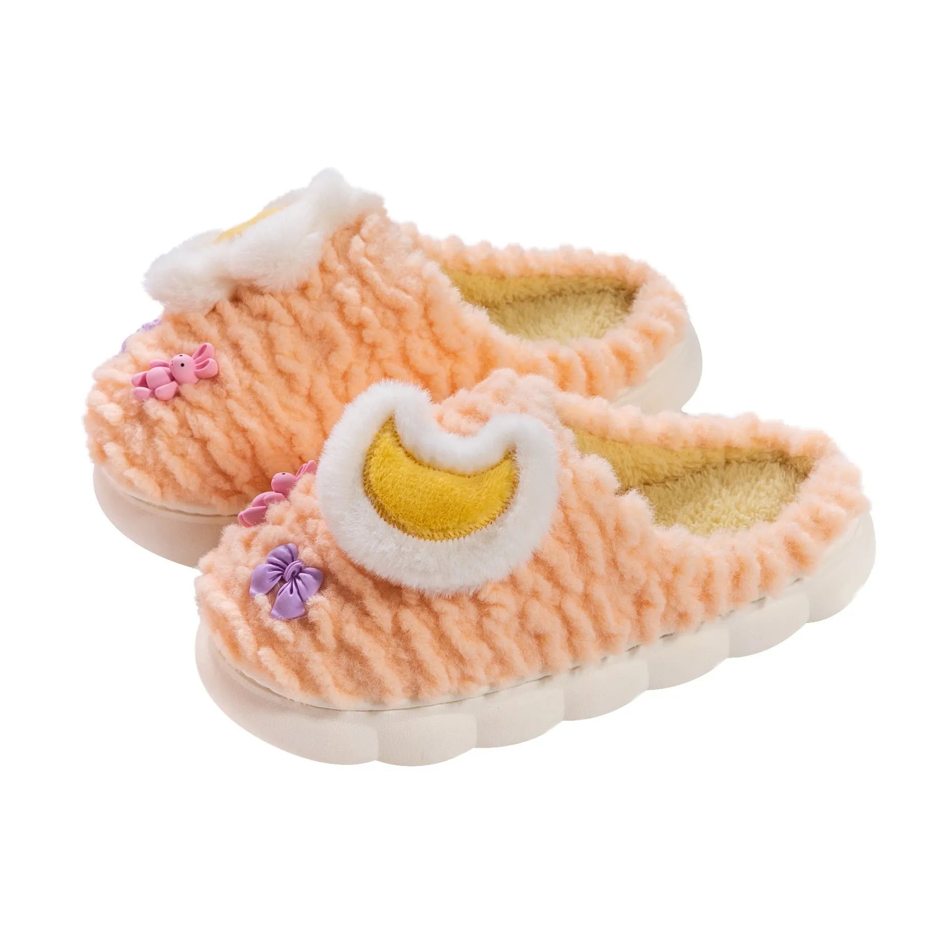 Women's light blue cartoon animal pattern fleece-lined slippers with round toe and PVC sole