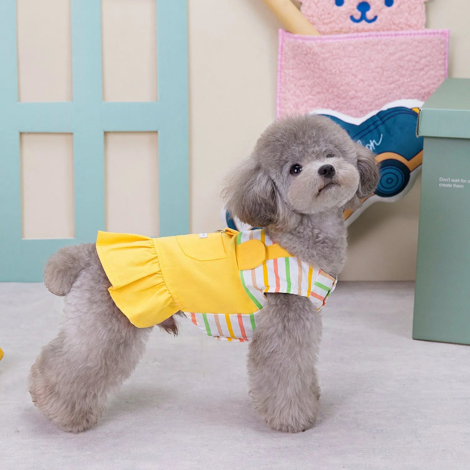 Striped patchwork cotton skirt for dogs in orange and yellow colours