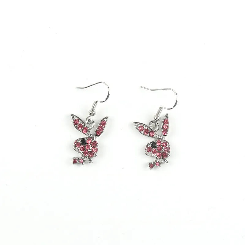Cute full diamond rabbit stud earrings in silver, gold, and pink colour options.