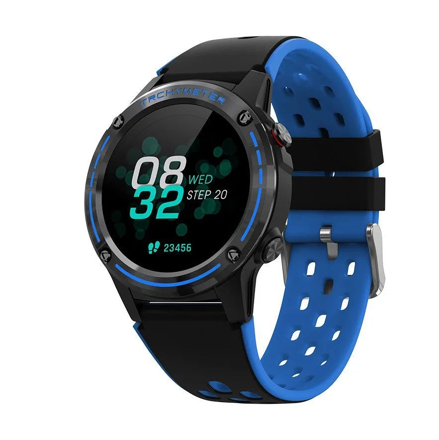 GPS smart watch with silicone strap in four colour options showing touch screen interface