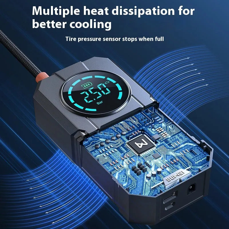 80W wireless portable car tyre inflator with USB charging and LED light, black ABS elastic paint body