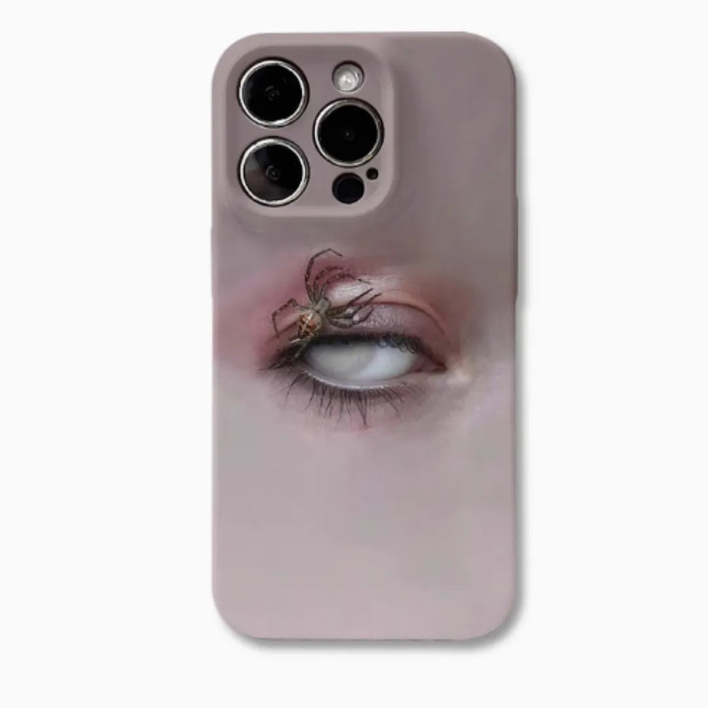 Dark heterochromatic spider pattern on a frosted resin iPhone case for iPhone 15 Pro Max and 16 Pro Max.