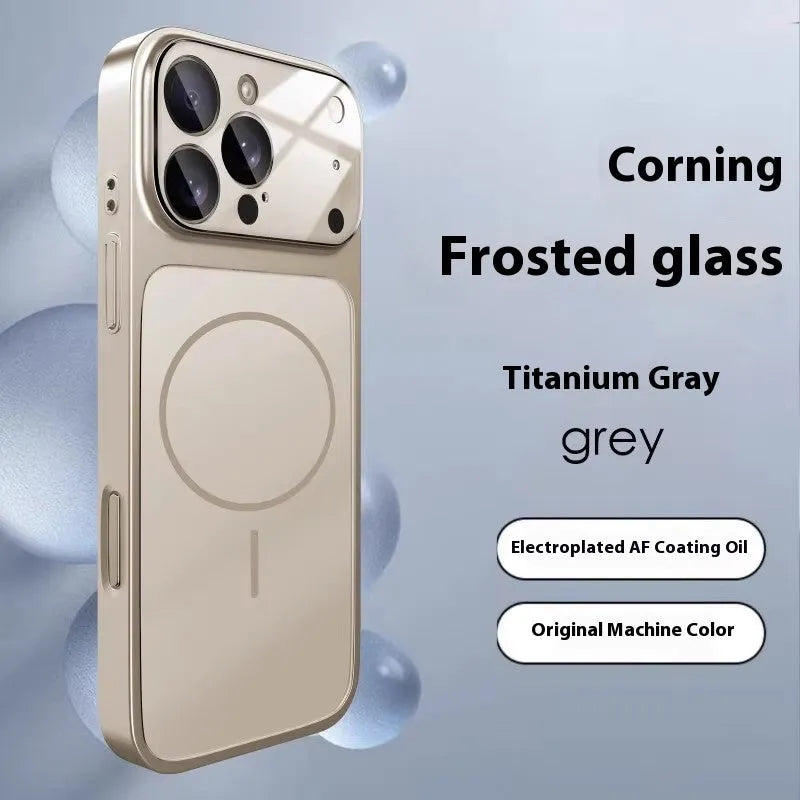Frosted tempered glass magnetic iPhone case in titanium grey colour on iPhone 15 Pro