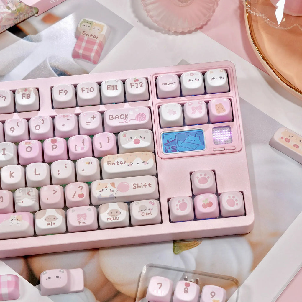 MOA pink plastic keyboard key caps with cartoon graphics on five sides for mechanical keyboards