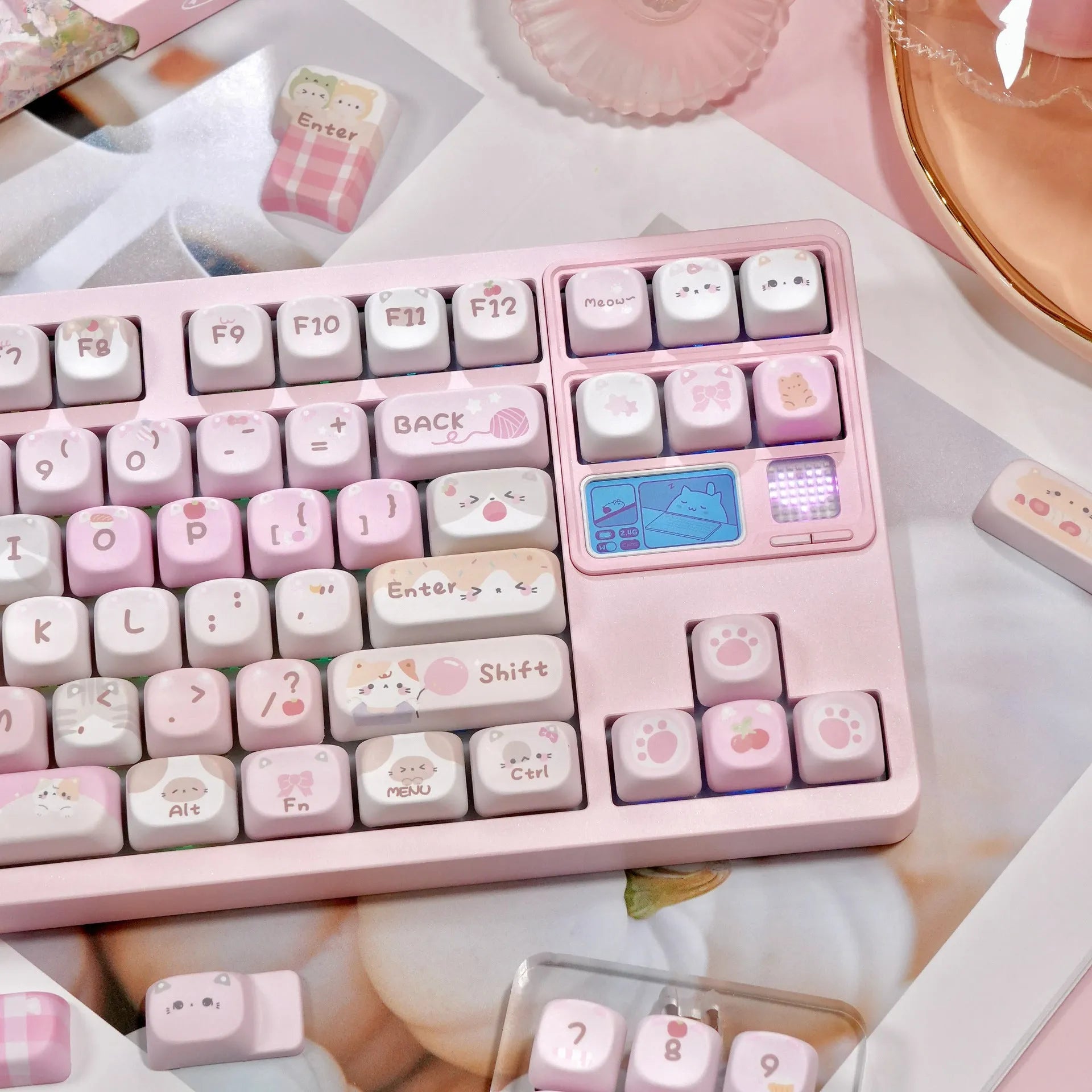 MOA pink plastic keyboard key caps with cartoon graphics on five sides for mechanical keyboards