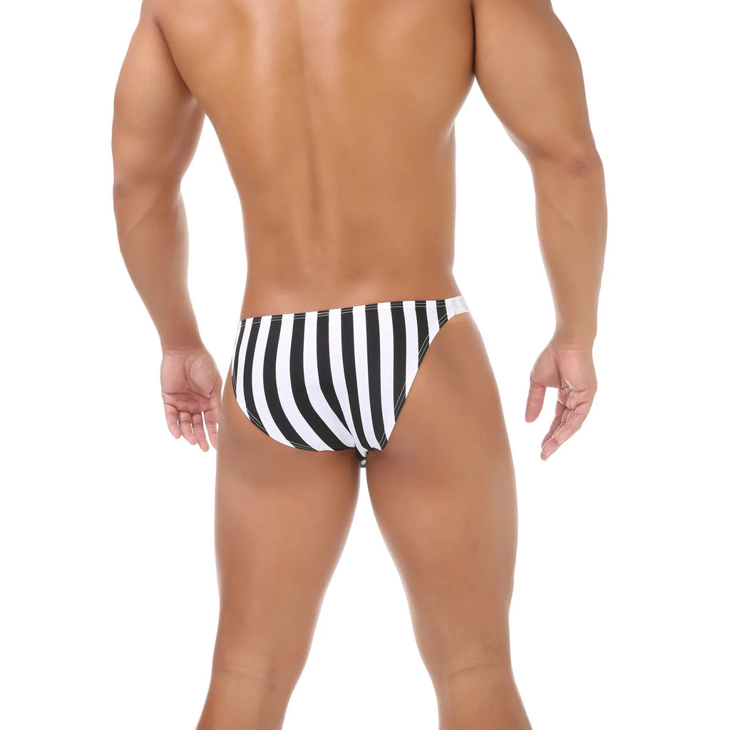 Men's shiny zebra striped nylon briefs with low waist and U pouch design.
