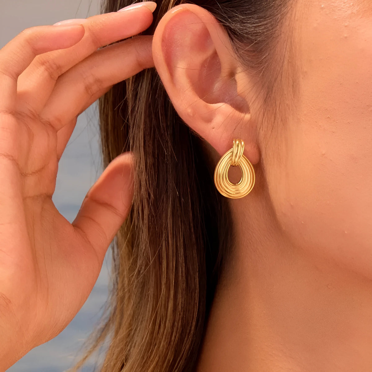 Gold-toned geometric stainless steel earrings with non-fading electroplated finish for women
