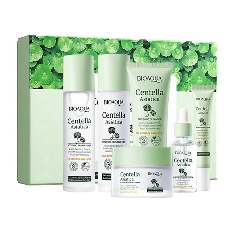 Moisturising Centella asiatica skin care set with six products including cleanser toner lotion eye cream and face cream