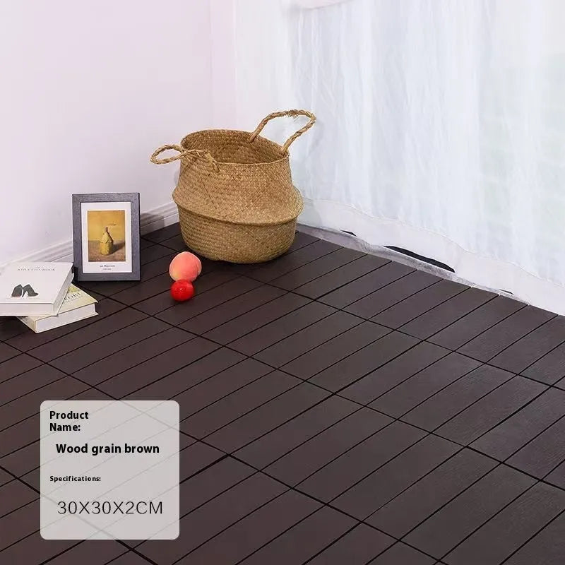 Ten wood grain plastic floor tiles stacked, showing dark grey and light grey colour options with non-slip texture.