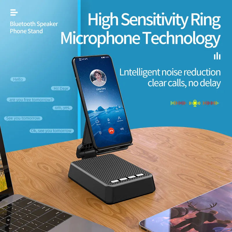 Black mobile phone smart broadcaster stand with Bluetooth speaker and HD mic on a desk